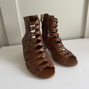 Lauren Ralph Lauren Hali‎ Leather Sandal Women's 8B Brown Zip Block Heel Boho